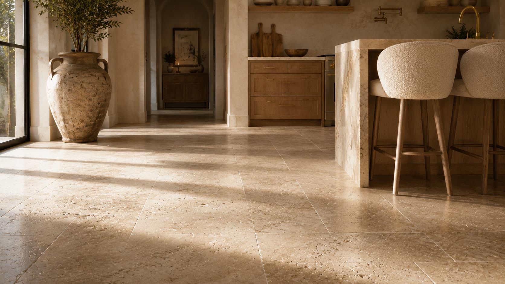Travertine Tile Flooring in Soft Sand Tones